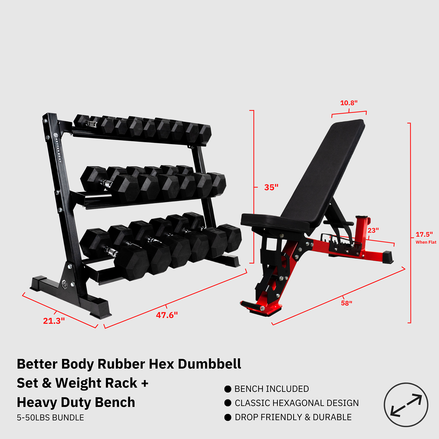 Hex Dumbbell Set (5-50lbs) & Heavy Duty Bench Bundle Footprint