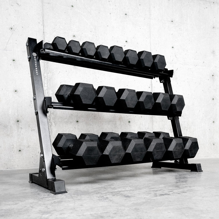 Better Body Rubber Hex Dumbbell Set + Weight Rack | 5-50lbs & Premium Bench Bundle