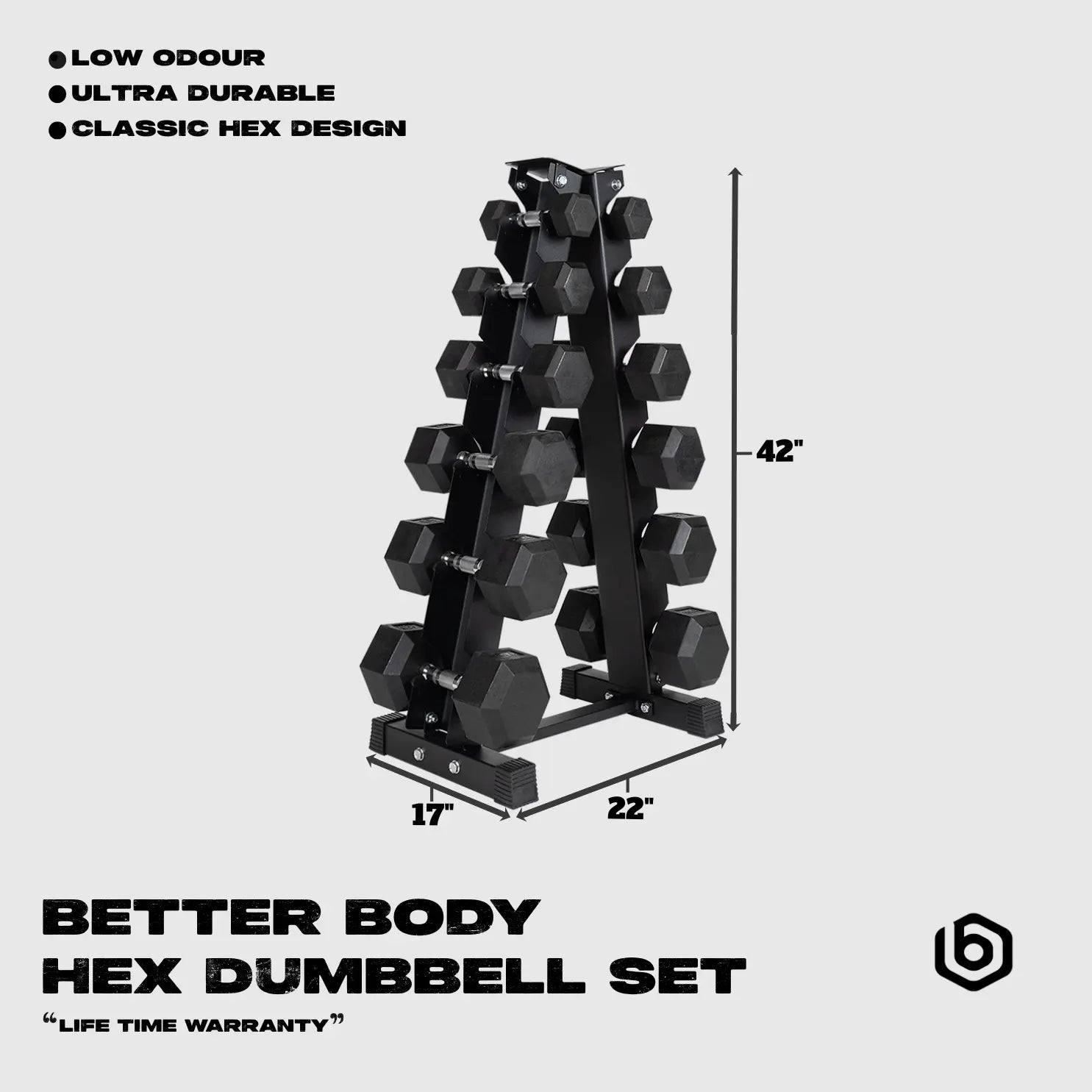 Better Body Rubber Hex Dumbbell Set + Weight Rack | 5-30lbs Footprint