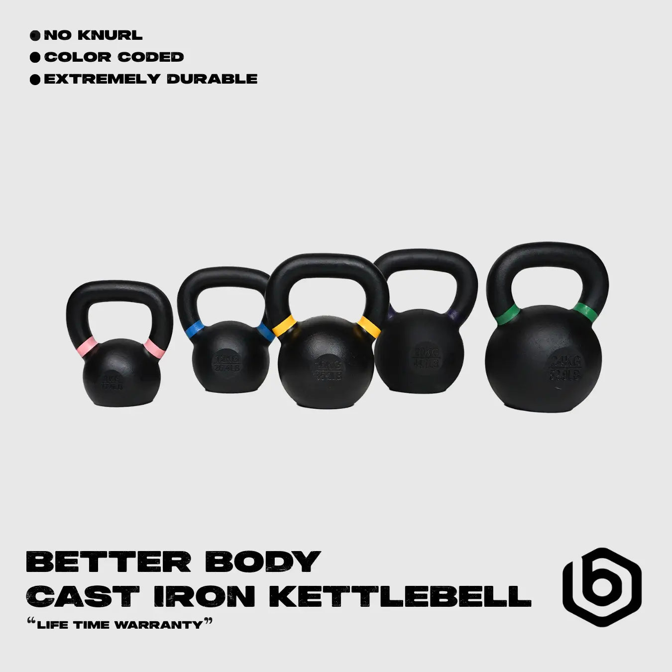 Better Body Cast Iron Kettlebells, 17LBs - 53LBs | 8KG - 24KG Footprint