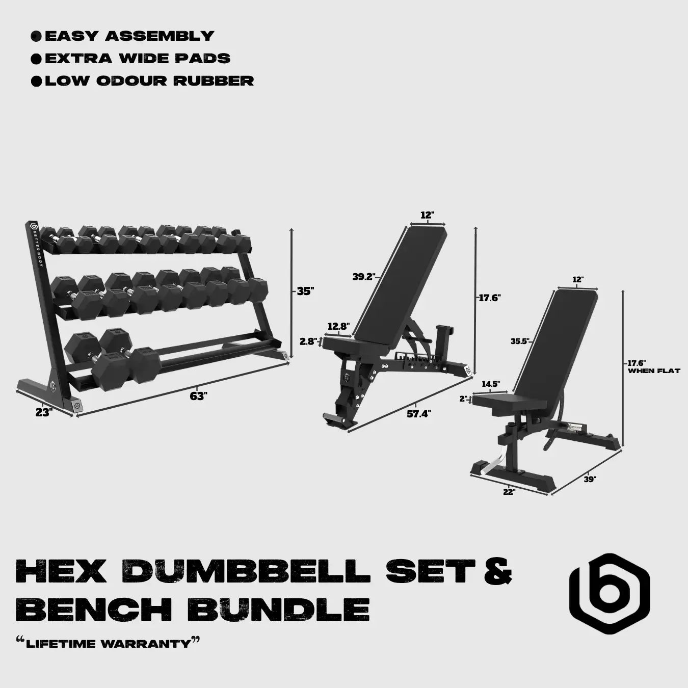 Better Body Rubber Hex Dumbbell Set & Bench Bundle Footprint