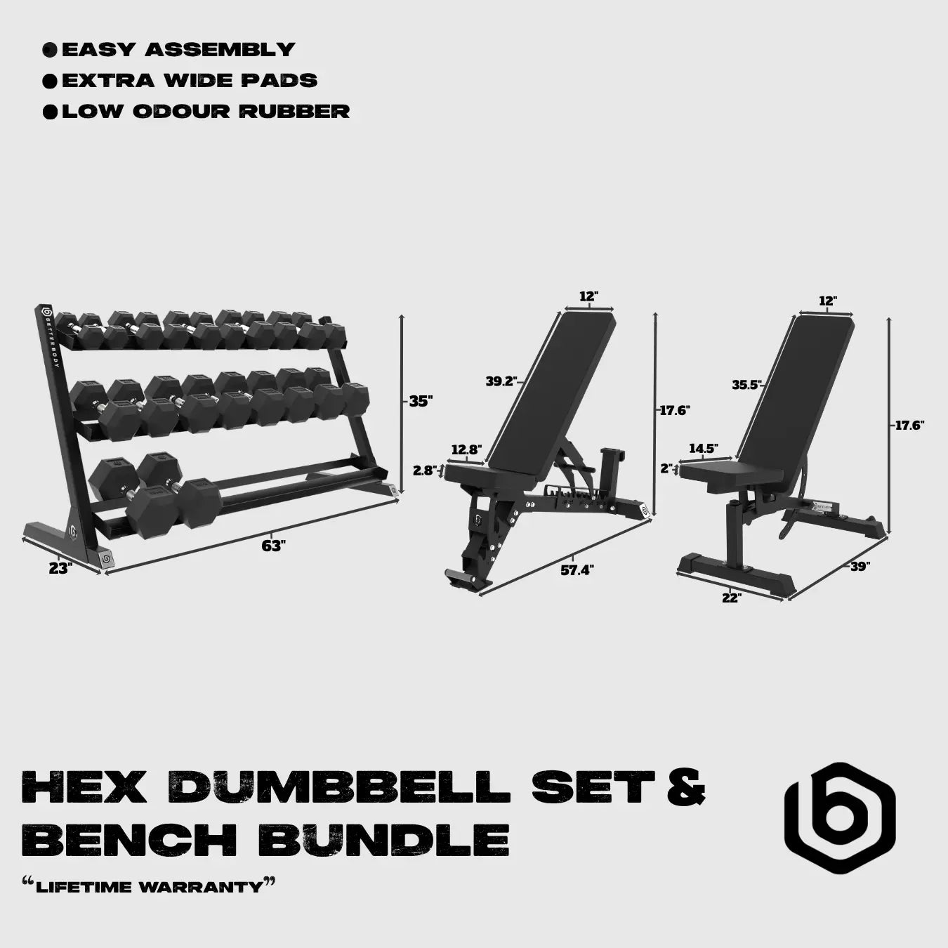Better Body Rubber Hex Dumbbell Set & Bench Bundle Footprint