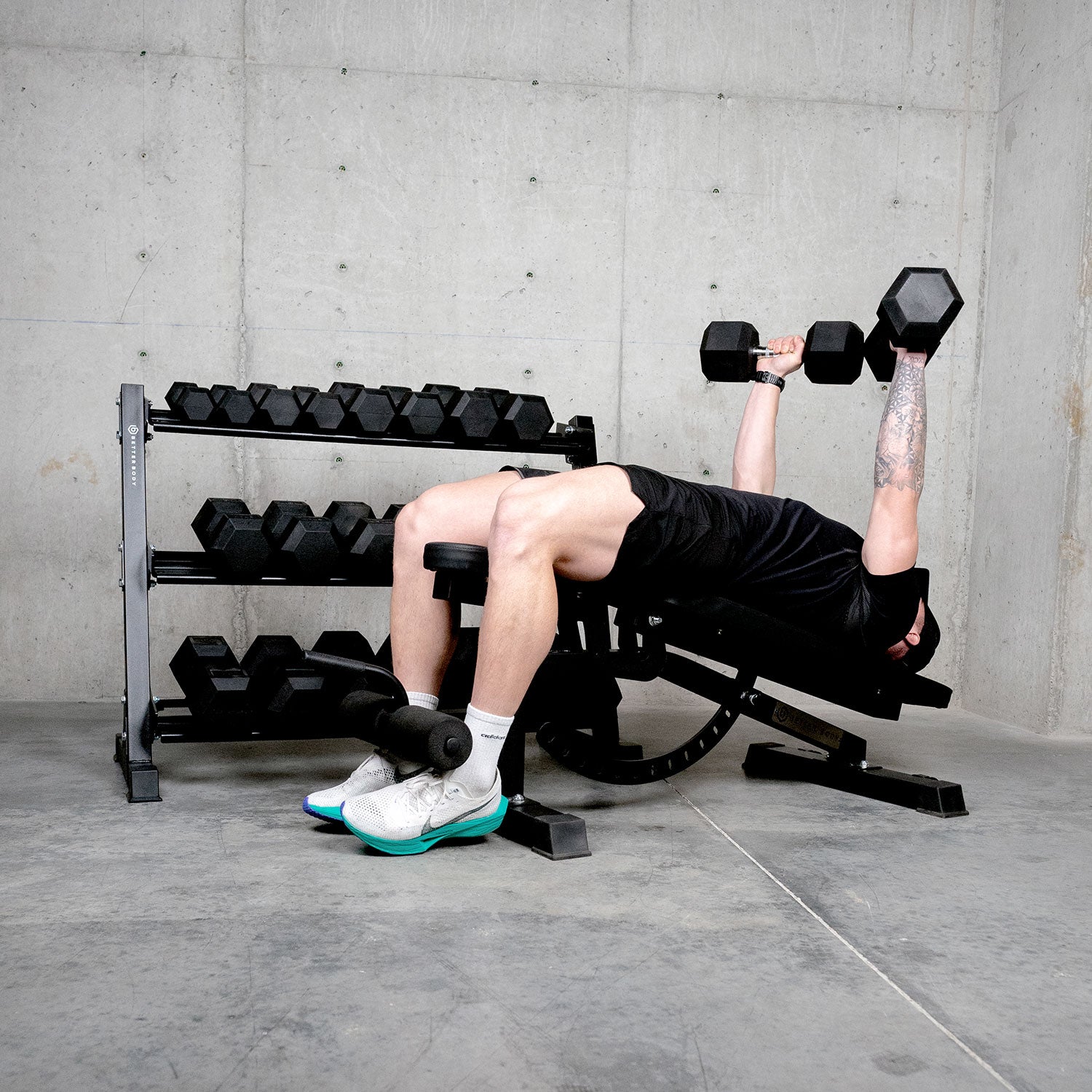 Better Body Rubber Hex Dumbbell Set + Weight Rack | 5-50lbs & Premium Bench Bundle