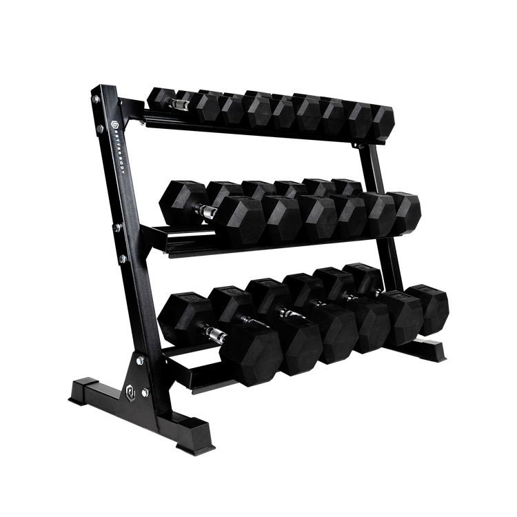 Better Body Rubber Hex Dumbbell Set + Weight Rack Bundle 5-50lbs, 5-75lbs, 5-100lbs