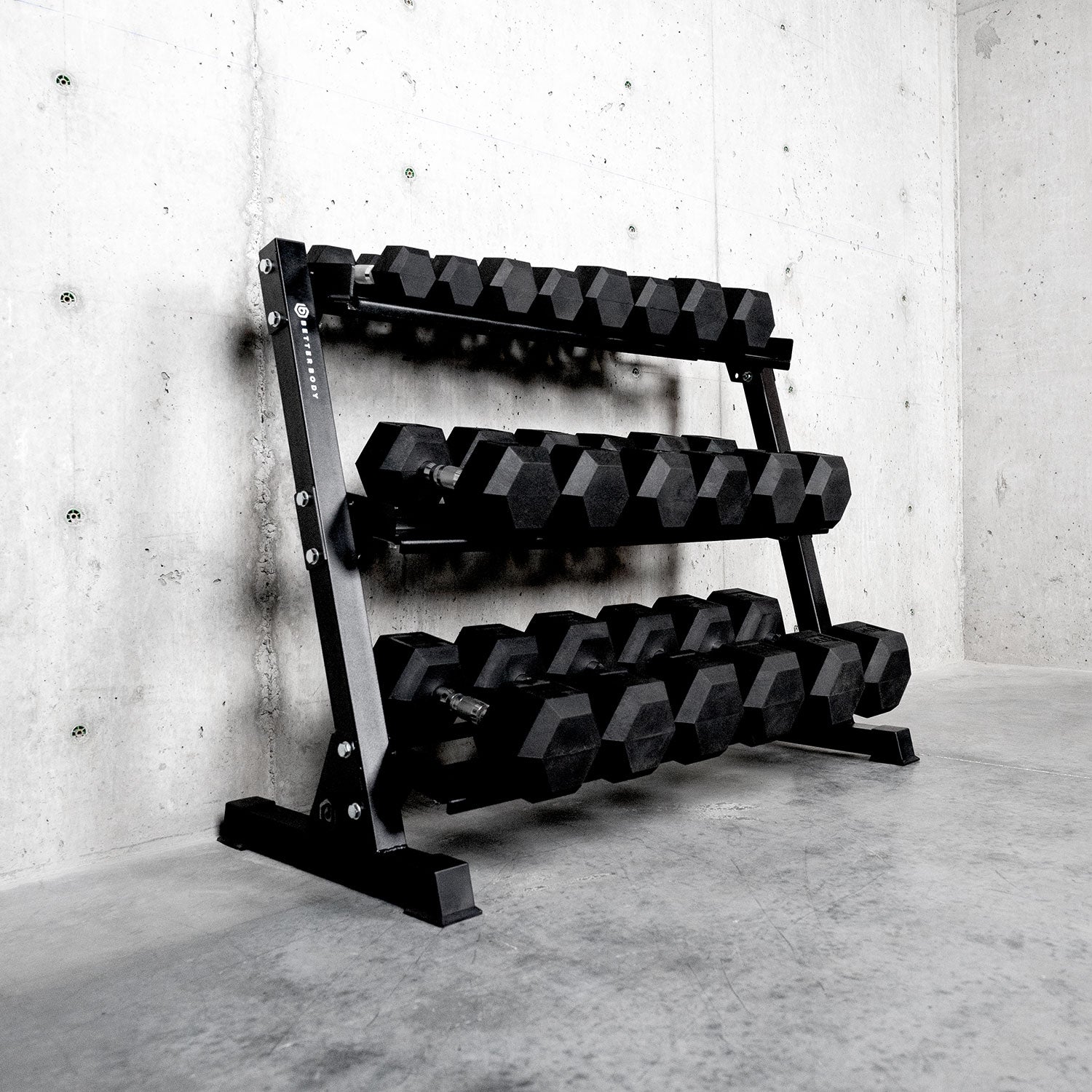 Better Body Rubber Hex Dumbbell Set + Weight Rack | 5-50lbs & Premium Bench Bundle