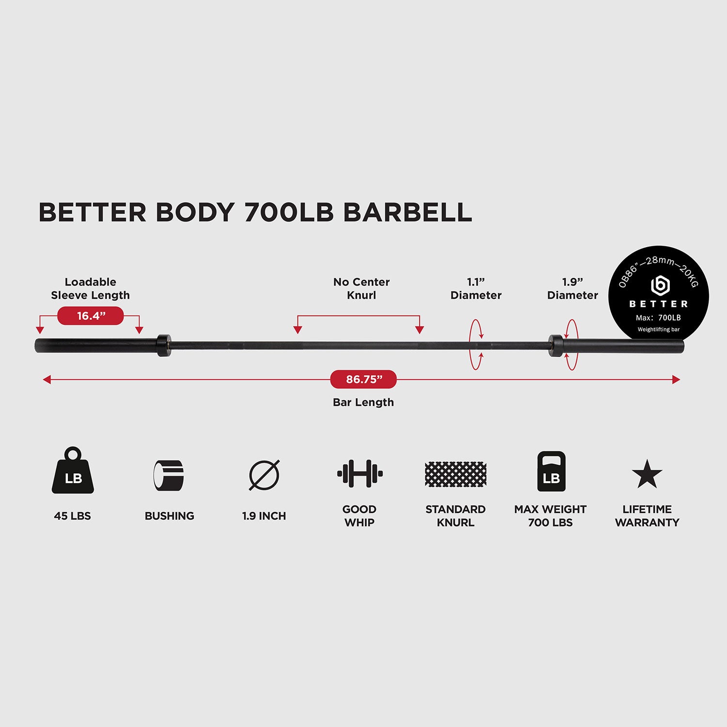 Better Body Standard Barbell | 45lbs Footprint