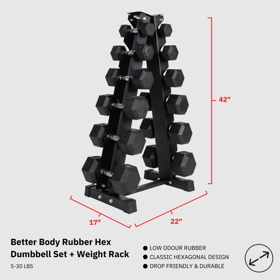 Better Body Rubber Hex Dumbbell Set + Weight Rack | 5-30lbs Footprint