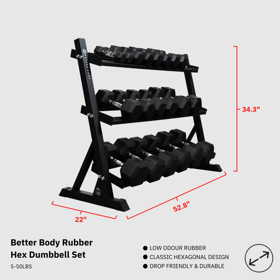 Better Body Rubber Hex Dumbbell Set + Weight Rack | 5-50lbs Footprint